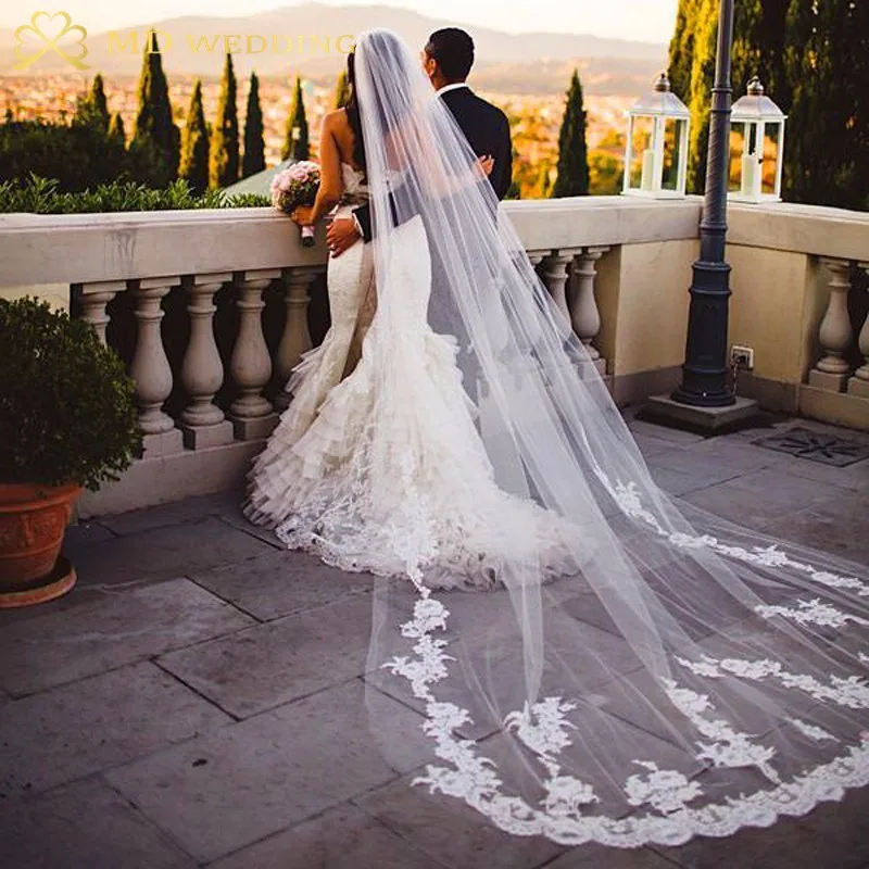 

New Real Photos White/Ivory Appliqued Mantilla velos de novia Wedding Veil Long With Comb Wedding Accessories EE2003