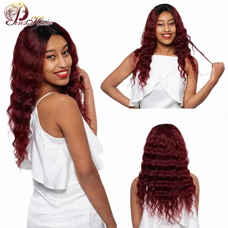 Pinshair 1B/99J человеческие волосы на кружеве парики для черных женщин бордовый Омбре перуанские не Реми свободные глубокая волна 4*4 закрытие волос парик
