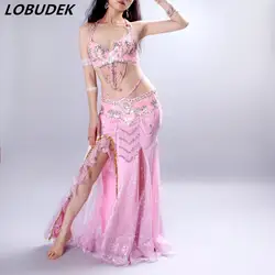 2017 три Костюм из нескольких предметов живота Танцы женский костюм пикантные бар женский певица диджей для сцены розовый белый вышитый