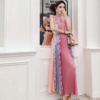 Новый 2019 Для женщин Coulorful Радуга оборками платье в стиле Boho Chic летняя Элегантная