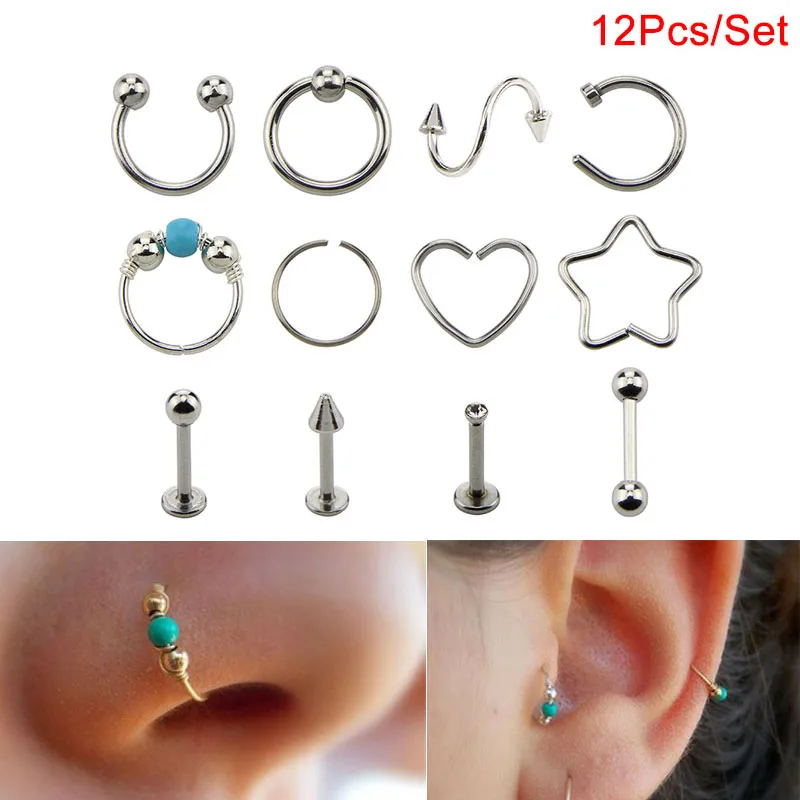 12Pcs Different Style Nose Hoop Ear Rings Set Tragus Cartilage Earrings Piercing Body Jewelry