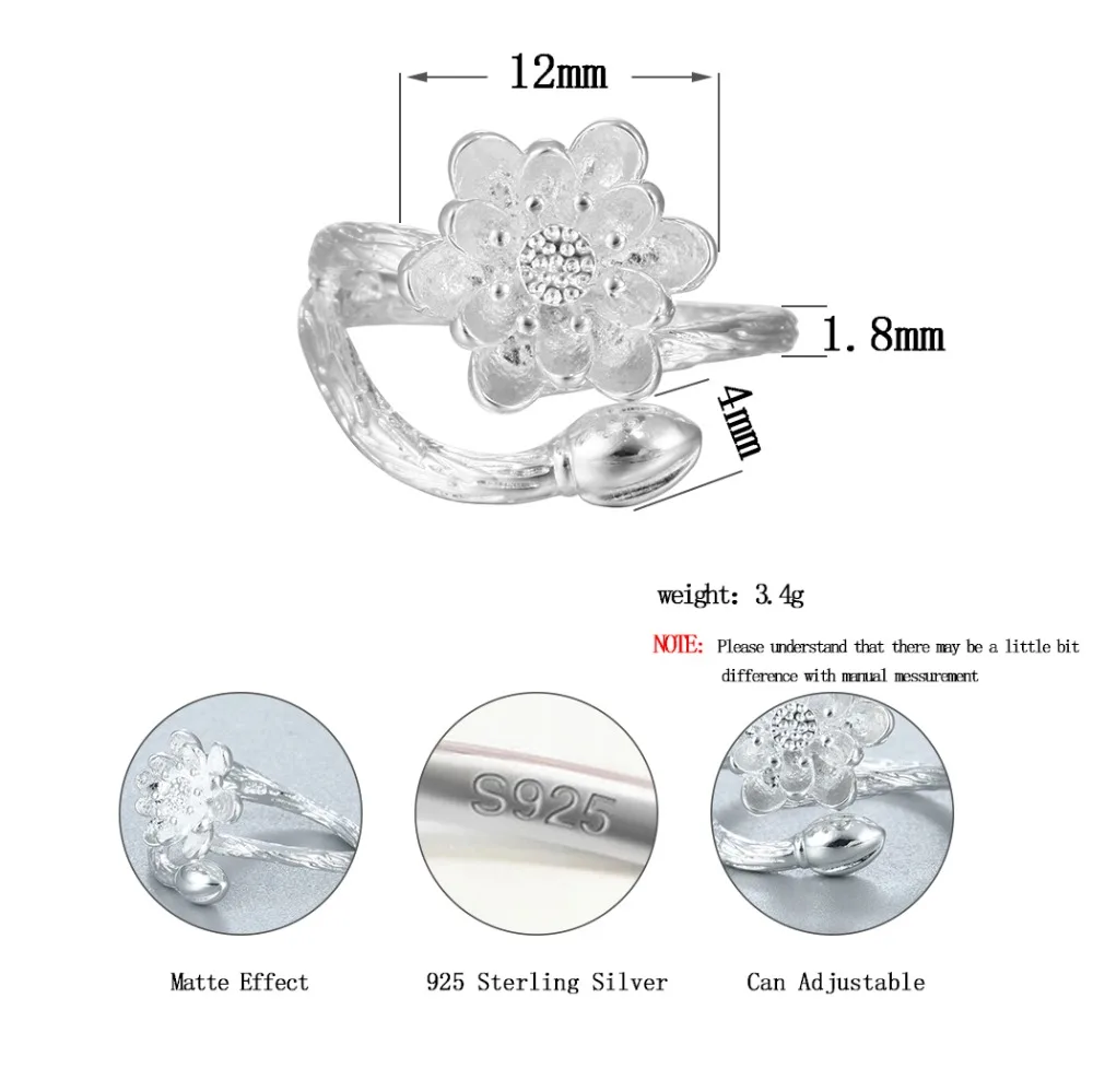 QIMING водяная Лилия, кольцо в форме лотоса, Женские Ювелирные изделия из чистого серебра, регулируемое открытое очаровательное кольцо с большим цветком и цветочным узором, модные женские обручальные кольца
