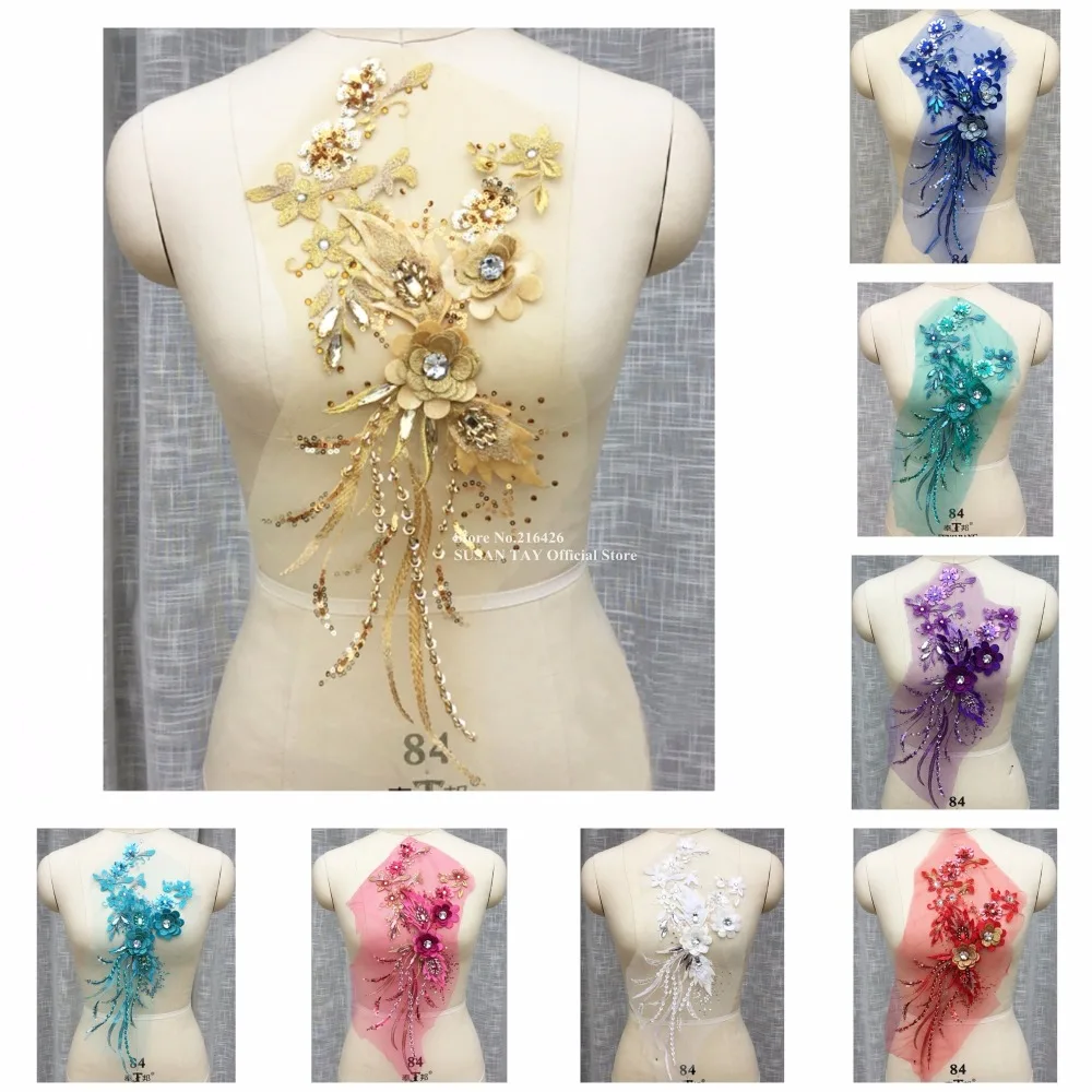 

3pcs/lot 8Color(Gold Blue Purple Red+..)Sequined Beaded Stoned 3D Flower Patches Neckline Embroidery Lace Collar Appliques SDY54