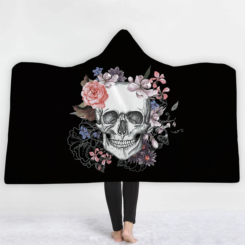 

3D Sugar Skull Printed Wearable Pink Hooded Blanket for Adults Kids Pink Fleece Woman Throw Blankets Microfiber on The Sofa Bed