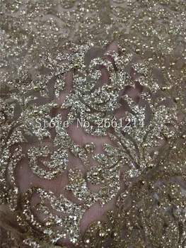 

Gold Beautiful flowers shinning glitter net Lace Fabric Glued Glitter tulle fabric with beads for sexy dress BZL-4.2118