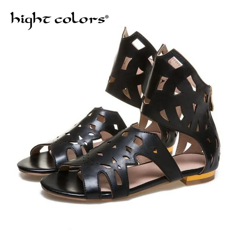 

2019 Summer Hollow Carved Zipper Low Heel Rome Sandals Flat Bottom With Open Toe Ladies Pink White Black Sandals Women's Shoes