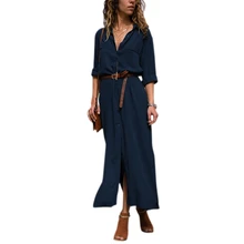 Women Button Down Collar Roll Up Sleeve Casual Long Maxi Shirt Dress Split Solid girls button up banana print collar dress