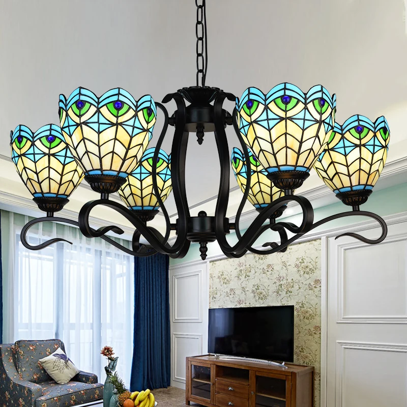 

Tiffany American Mediterranean style pastoral bedroom dining room long Iron pendant light