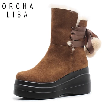 

ORCHA LISA Cow Suede Mid Calf Winter Boots Lace up Wools inside Soft Sole Anti-Slip platform boots Botas Feminina Mujer J302