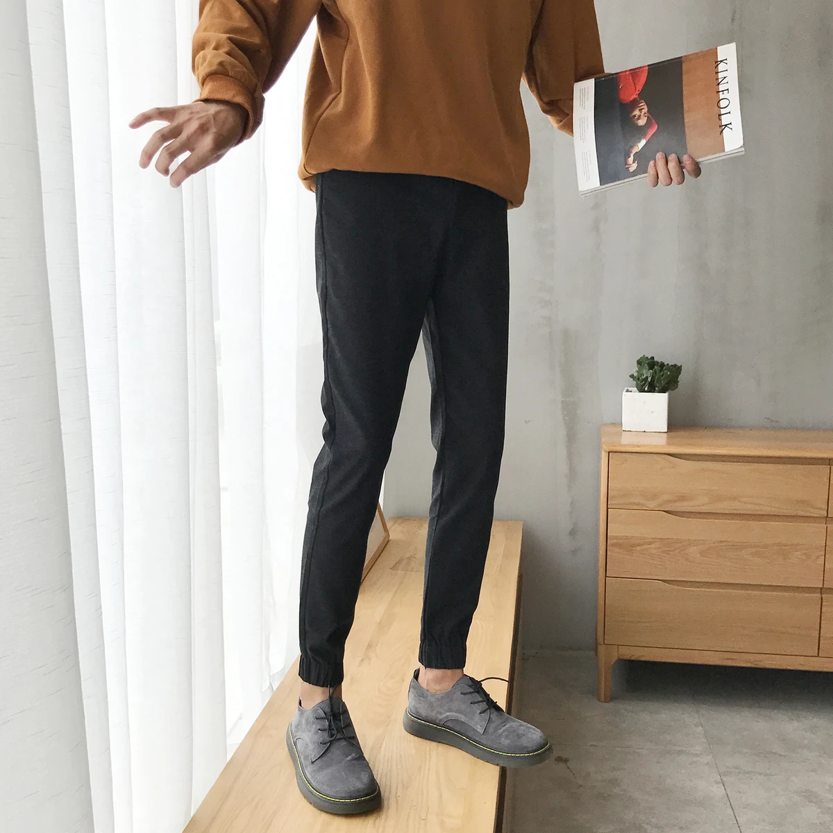 

Fashion Casual Men's Harem Pants Spring And Autumn New M-4XL Solid Color Slim Feet Pants Black Personality Youth Popular