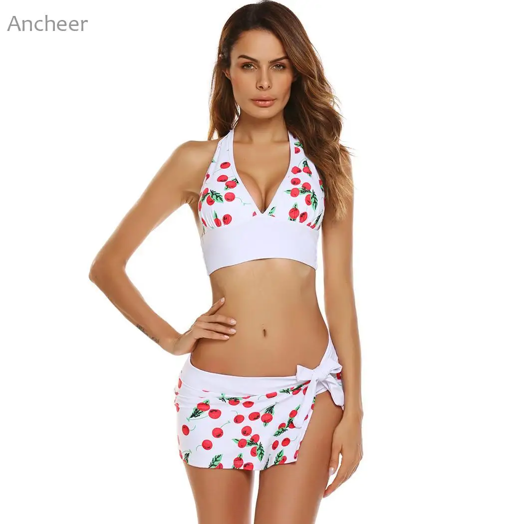 2018 Bikini Elastic Lace Up Halter Swimsuit For Girls Sleeveless Padded Set Swimwear Swim Skirt Women's Swimsuits | Спорт и