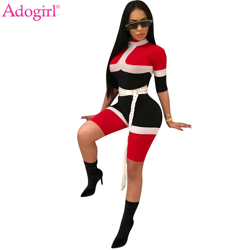 

Adogirl Contrast Color Turtleneck Long Sleeve Knee-length Sexy Jumpsuits Women Casual Skinny Rompers Playsuits Club Wear Overall