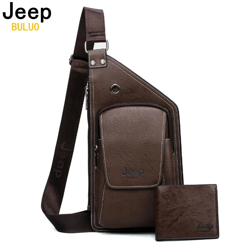 

JEEP BULUO Brand Men Chest Bags 2 Pcs Set Summer Travel Sling Bag For Man Split Leather Corssbody Bag High Quality Male Bags