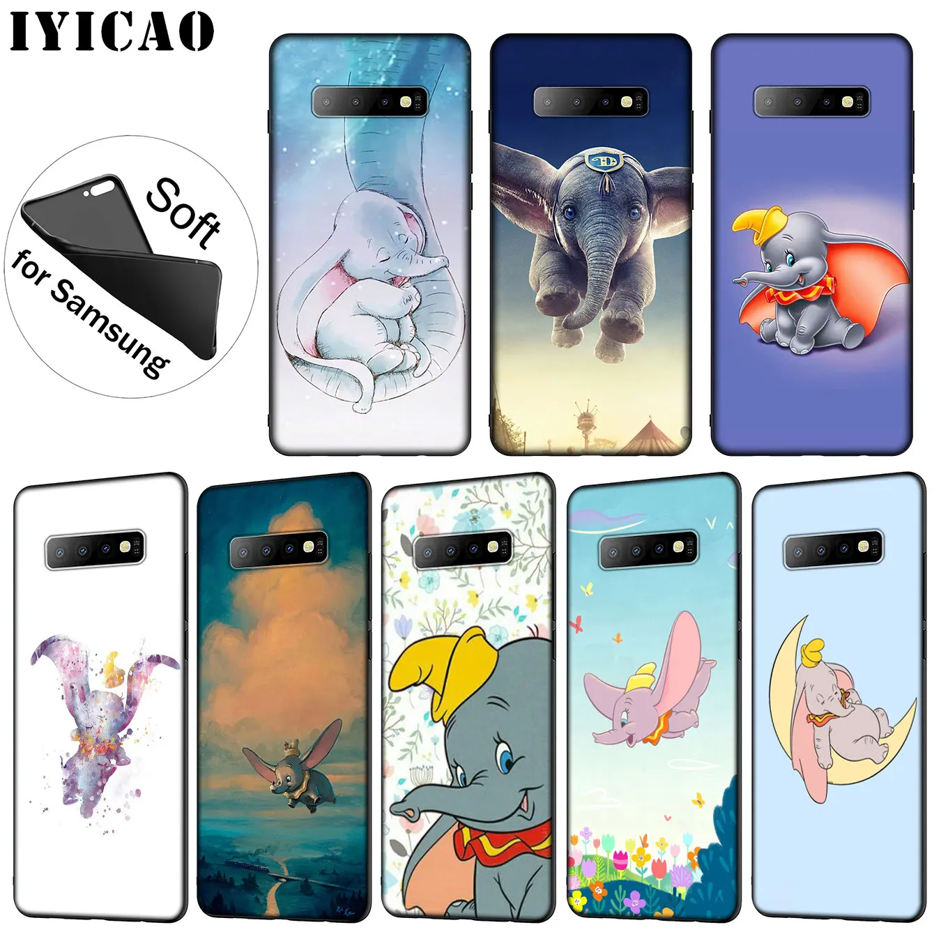 

IYICAO Dumbo elephant Soft Silicone Phone Case for Samsung Galaxy S10 S9 S8 Plus S6 S7 Edge S10e E TPU Black Cover