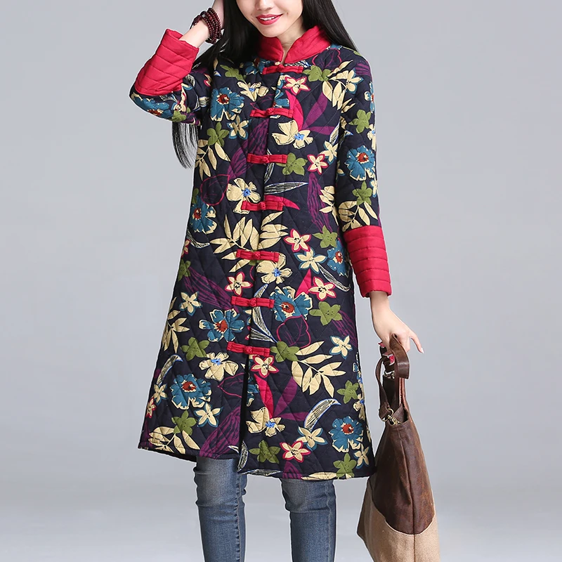 

Chinese Style Parka 2017 New Winter Women Floral Printed Coats Plus Size Ladies Long Cotton Padded Jacket Female Outwear 8514