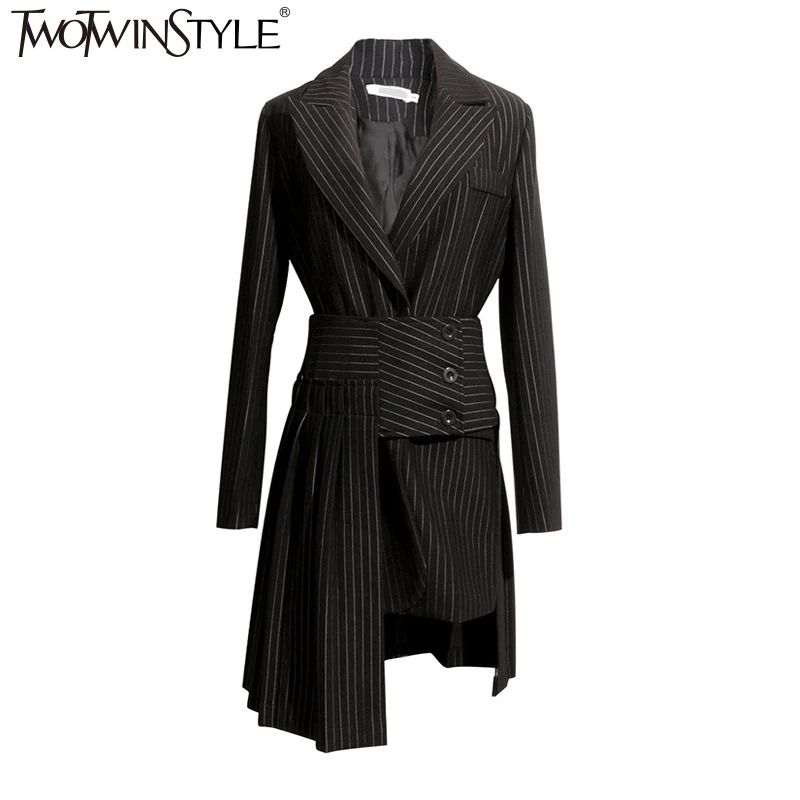 

TWOTWINSTYLE Autumn 2 Pieces Set Women Long Sleeve Striped Black Blazer Coat With Irregular Fold Midi Skirt Female Fashion 2019