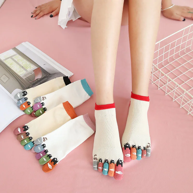 

Women Cartoon Funny Five Fingers Socks Rainbow Color Breathable Cotton Toe Socks