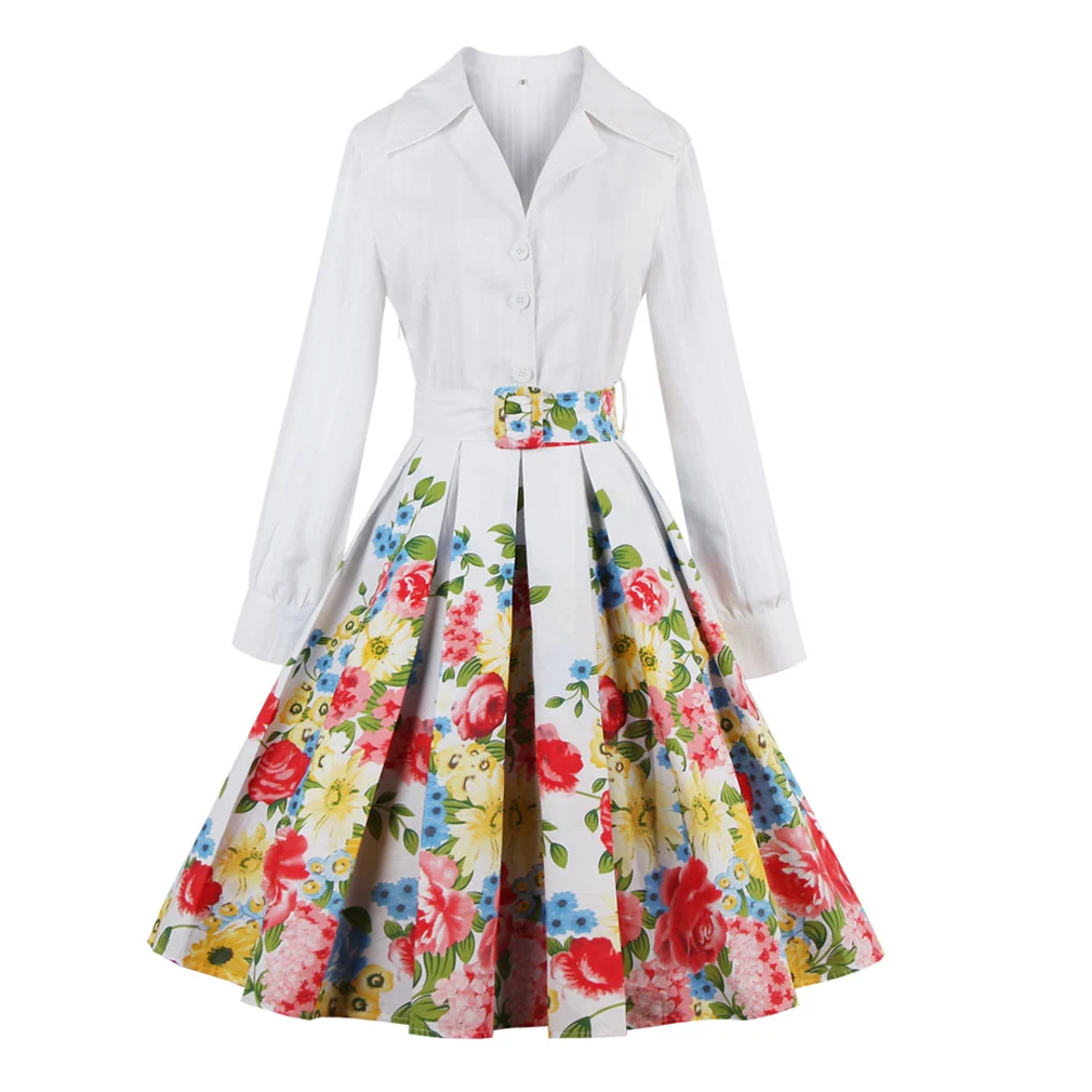 Women Spring Flower Floral Cotton Women White Dress Turn Down Collar Long Sleeves Belts Party Ball Gown Retro Feminino Vestidos