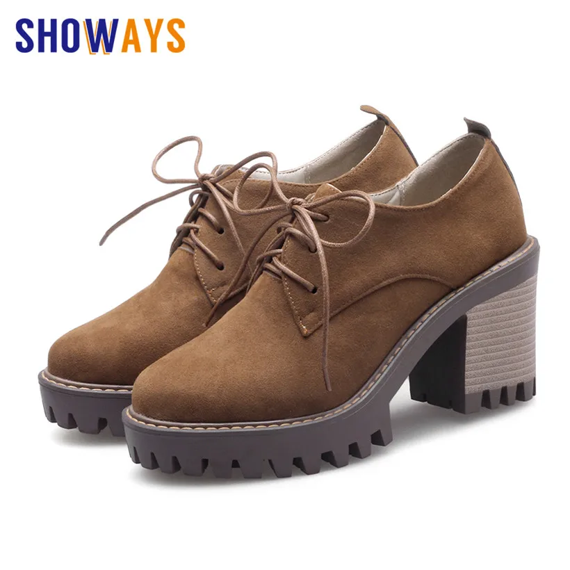 

Fashion Women Derbies British Flock Round Toe Brogues 7cm High Block Square Heel Platform Pumps Casual Lady Lace-up Dress Shoes