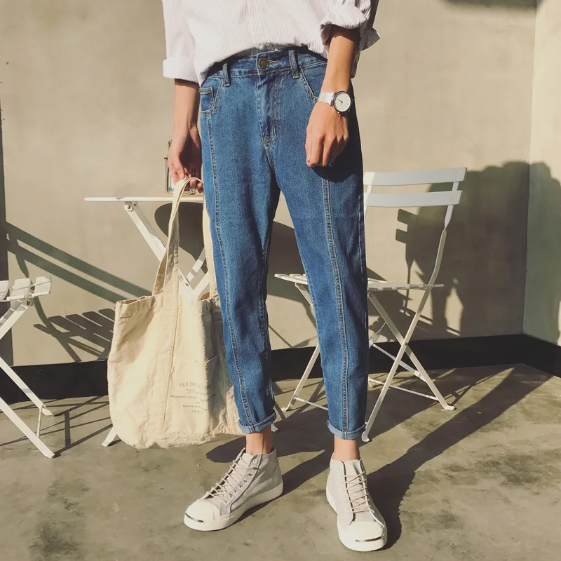 New Fashion Men Casual blue Harem Jeans Slim in Straight High-quality Elastic Waist Jeans Long Trousers Denim pencil Pants 34/33