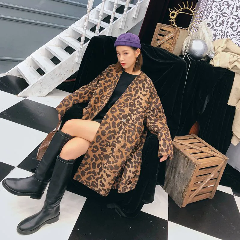 

2019 Spring and Autumn Leopard Wool Jacket Women Single Button Loose Style Jacket and Coat Ladies