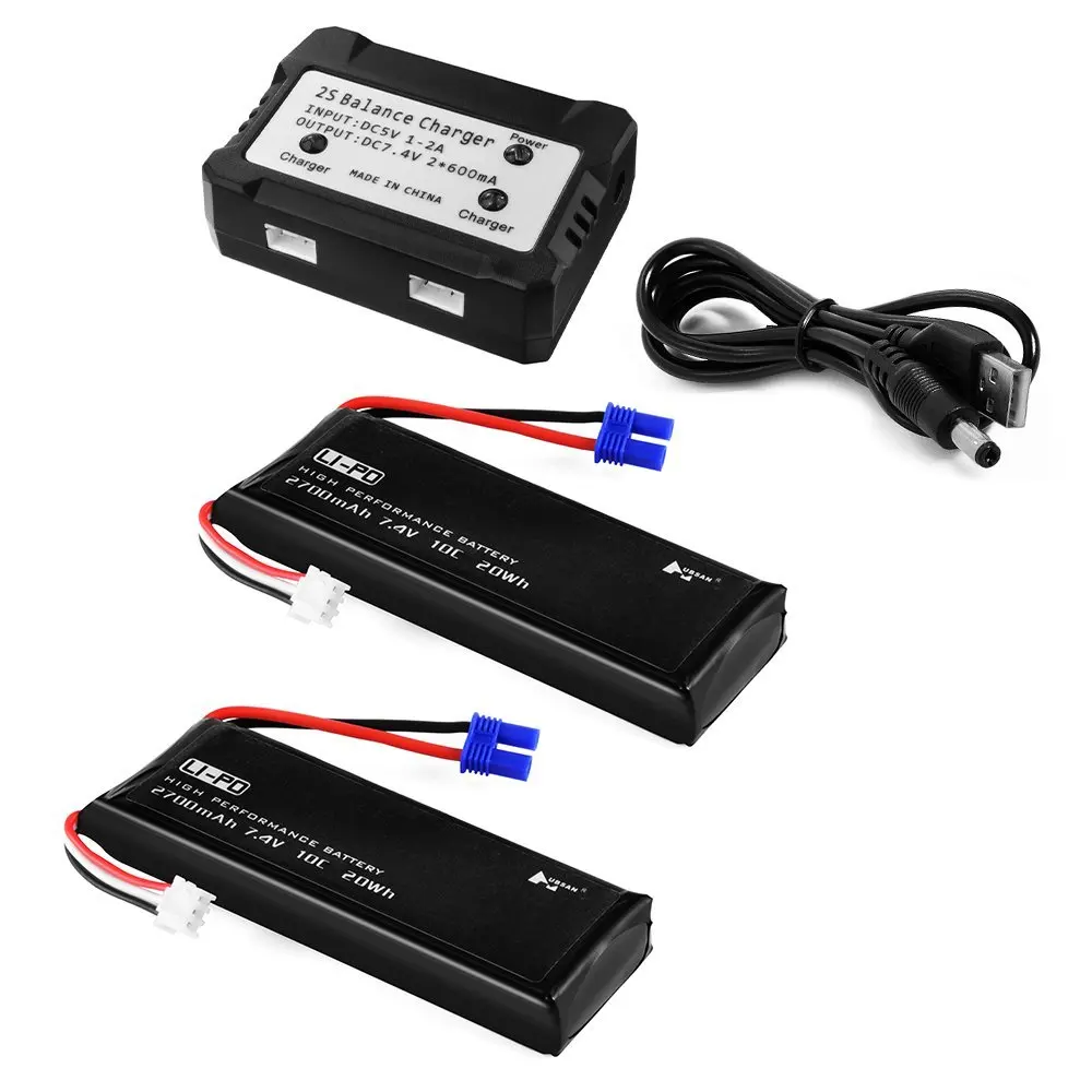 

2pcs * EBOYU 7.4V 2700mAh 10C Lipo Battery + 2 In 1 Battery Balance Charger for Hubsan H501S Quadcopter Drone