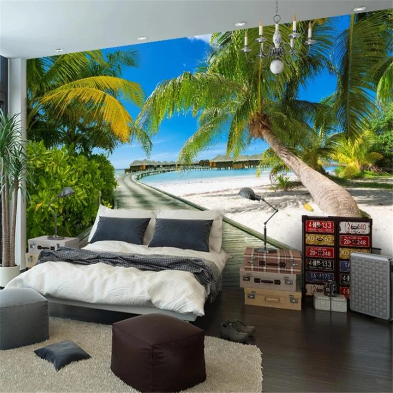 Пользовательские обои 3d росписи морской понтон морской пейзаж ландшафт пляжный шезлонг фон стены морской пейзаж зеленый дорога 3d обои
