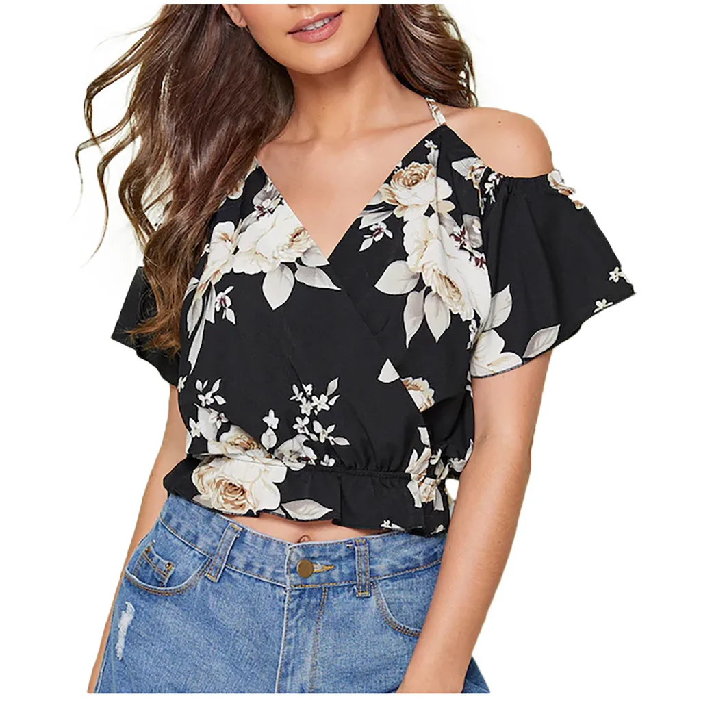 

JAYCOSIN 2019 new Women blouses Summer Fashion Printed Cold Shouder Camis Banfdage V-Neck Short Sleeve Tops shirts kimono 9713