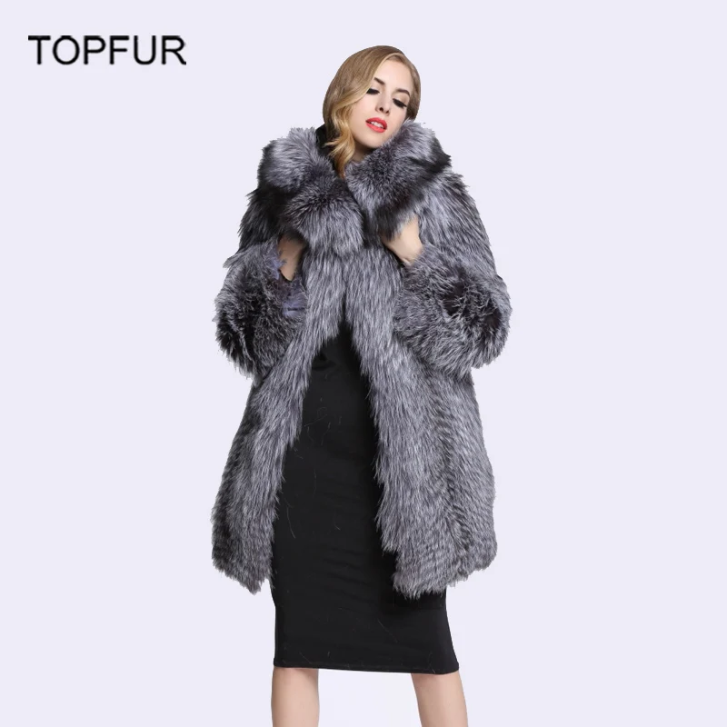 Женское меховое пальто TOPFUR цельное из натурального Меха чернобурки с меховым