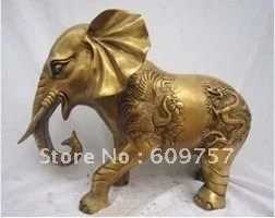 

fastdom deliver 16" Lucky China Chinese Pure Brass Carving Dragon Phoenix Crane Elephant Statue