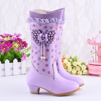 

Girls Princess Long Boots Heart Shape Pearl Bottes Hiver Fille Raquel Winter Shoes Children High Heel Leather Botas Kids 3-15