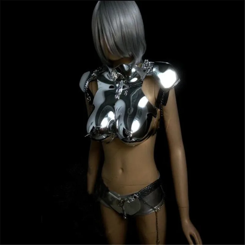 

KS48 Ballroom dance women robot suit dj perform stage costumes silver mirror bodysuit armor outfits bar rave wears dress bra dj