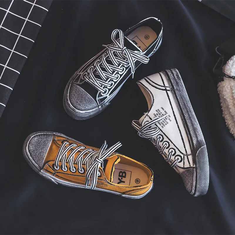 

Women Dirty Shoes Girls Canvas Shoes Retro Vintage 2019 New Spring Leisure Flat Sole Vulcanized Shoes White Sneakers 35-40