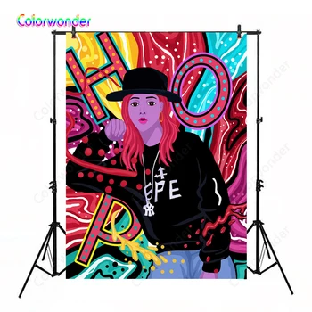 

The 90s Hip Hop Style Photography Background Cool Girl with Red Hair and Black Clothes 5x7ft Colorful Hip Hop Party Backdrops