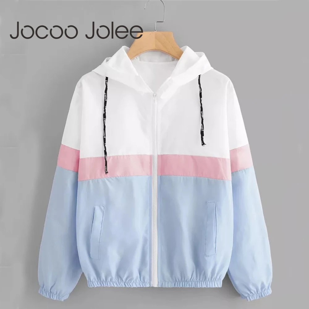Jocoo Jolee, модная ветровка с капюшоном, куртка в стиле пэчворк, куртки для женщин, цветная куртка на молнии, осень, повседневные пальто, верхняя одежда