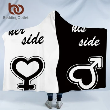 

BeddingOutlet His & Her Side Hooded Blanket for Couple Sherpa Fleece Wearable Blanket Black and White Throw Blanket Valentine