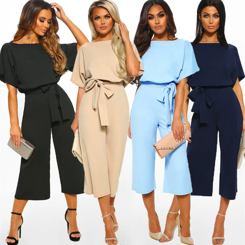 

2019 Summer Jumpsuit Sexy Long Office Casualt Romper Sashes Trousers Pockets Women Jumpsuit Elegan Playsuit Female Wide Leg Pant