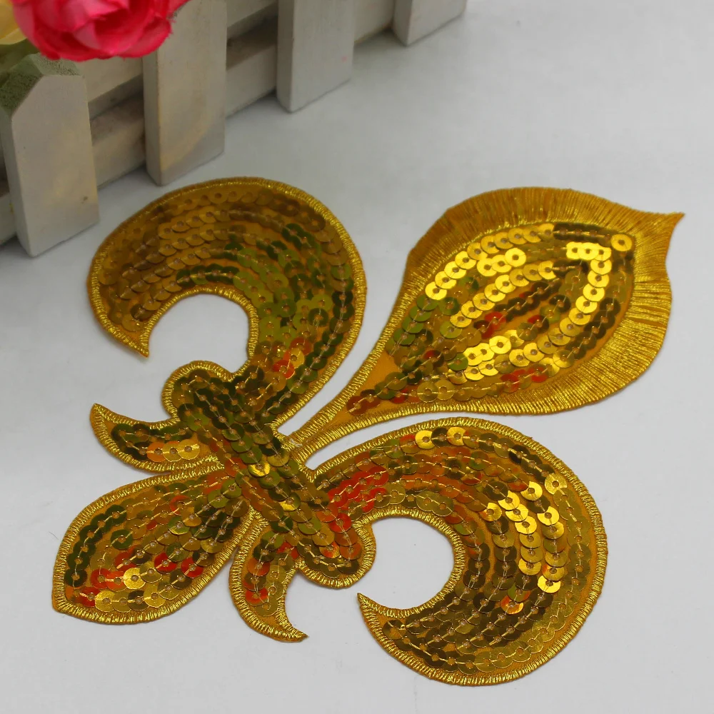 YACKALASI, 6 шт./лот, 3D цветок лотоса с блестками и аппликацией, цветок Флер де Лис, золотой вышитый патч, железные нашивки, 16,5*14 см