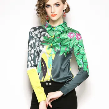

2019 Long Sleeve Turn Down Collar Flower Print Satin Shirts Women European Floral Print Satin Blouses Lady Floral Satin Tops