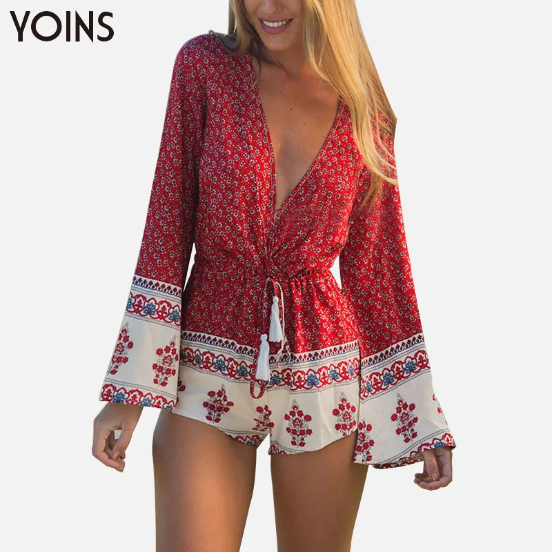 Printed Long Sleeve Tie Neck Jumpsuit