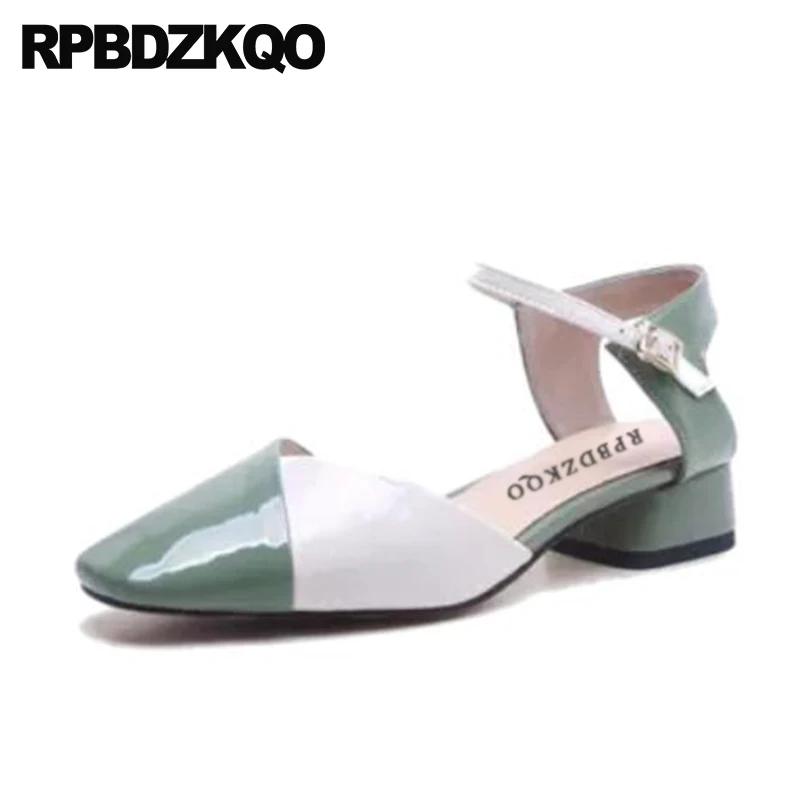 

Women Patent Leather Casual Thick Ankle Strap Shoes Low Heels New Genuine Size 4 34 Square Toe 33 2018 Mint Green High Quality