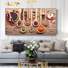 Красочные специи и ложка в таблице холст Картины Кухня тематические Wall Art Decor Еда Concept Ретро Холст репродукции Куадрос