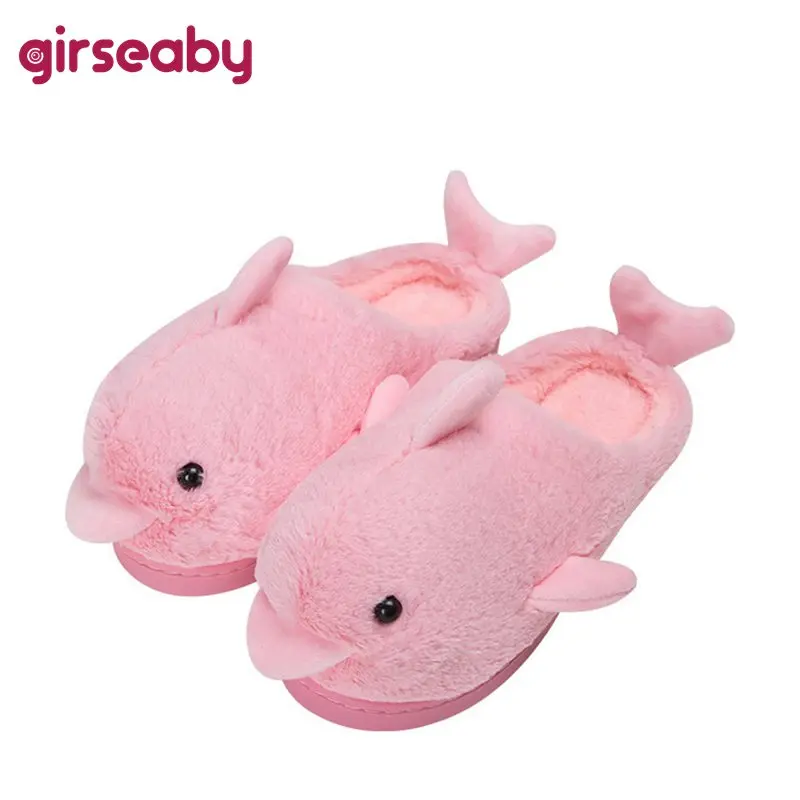 

Girseaby cute dolphin plush slippers Women Winter Warm House home Slippers Non-Slip Indoor Floor animal Slippers Men women pink