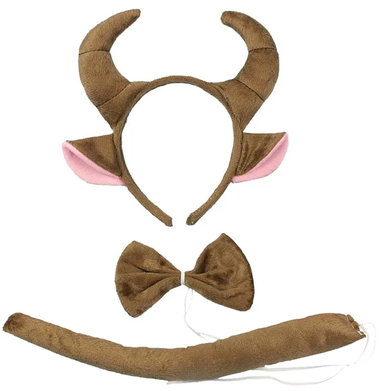 Brown Bull Cattle Animal Goat Horn Headband Tie Tail For Kids Boys
