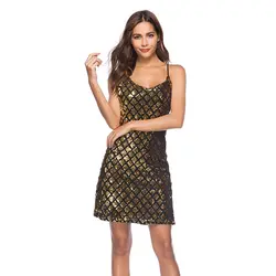 Новые золотые блестки Спагетти ремень v-образным вырезом сексуальное платье выше колена клетчатые вечерние платья