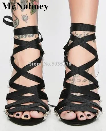 

2019 Summer New Peep Toe Stilettos Heel Transparent PVC Cross-tied Ankle Straps Pink Sandals Fashion Large Size Women's Shoes
