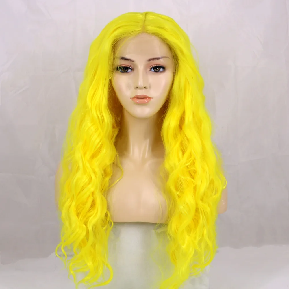 

Charisma Yellow Synthetic Long Wave Hair Lace Front Wigs Glueless For Women Natural Hairline 150% Density