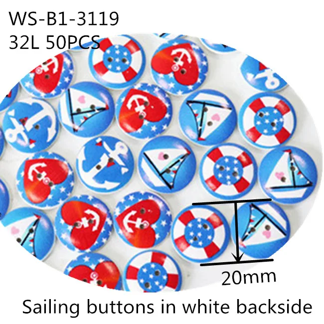 Морская пуговица, 50 шт., цветные напечатанные Детские пуговицы, 20 мм, якорная лодка, деревянные пуговицы для DIY скрапбукинга, одежда аксессуары для шитья