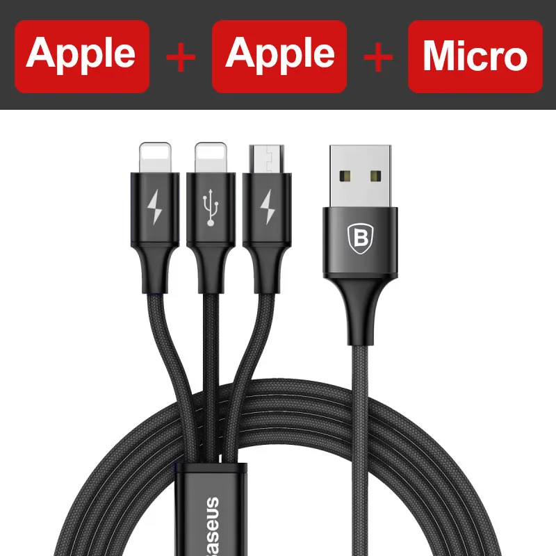 Baseus USB кабель для iPhone Xs Max Xr X iPad 3 в 1 зарядное устройство Micro USB кабель для samsung Xiaomi Android телефон провод шнур - Цвет: 3 in 1 Black