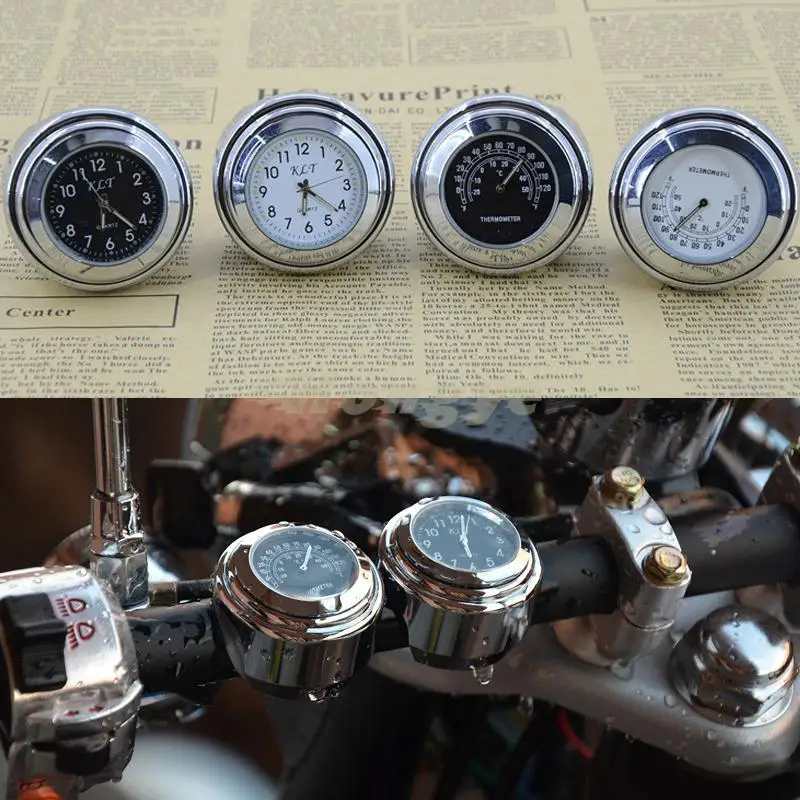 

RPMMOTOR Universal Chrome Motorcycle Waterproof Handlebar Mount Clock/Thermometer